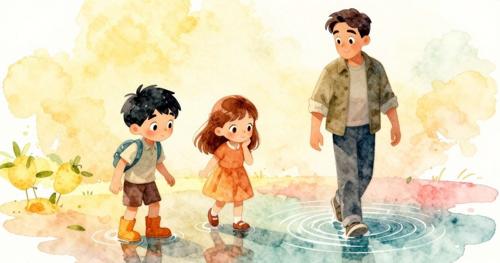 Wade專注地用小棍在乾淨的小水坑裡畫圈，水面倒映著微光與落葉，展現溫暖晨光中細緻動作