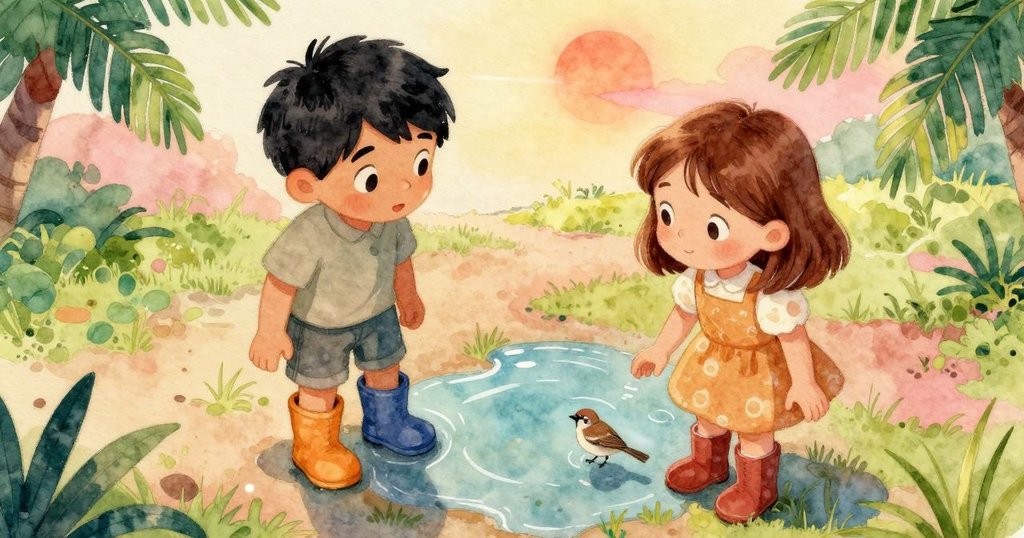 從高處俯視，Wade和女孩用鮮亮靴子圍繞水坑布置藝術，旁邊的麻雀輕巧跳躍，營造歡快氣氛