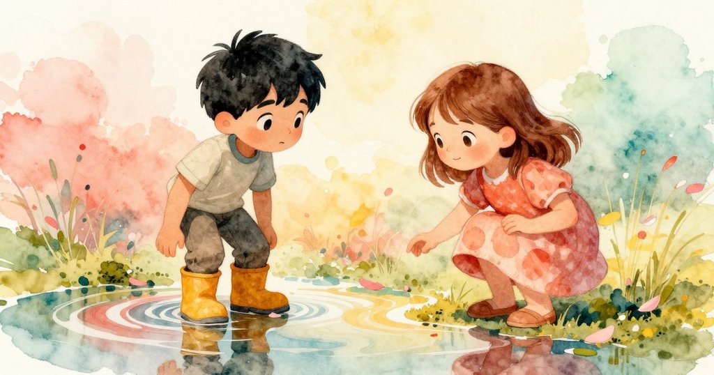 場景呈現懷舊色調，水滴、青苔與花瓣交融，Wade和女孩靜靜觀察，展現溫暖回憶中的自然詩意