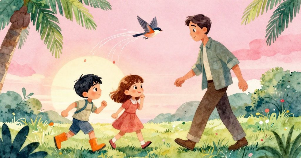 麻雀飛躍時創造動感軌跡，花瓣與水波交織出活力紋路，展現陽光明媚下濕潤自然的生動畫面