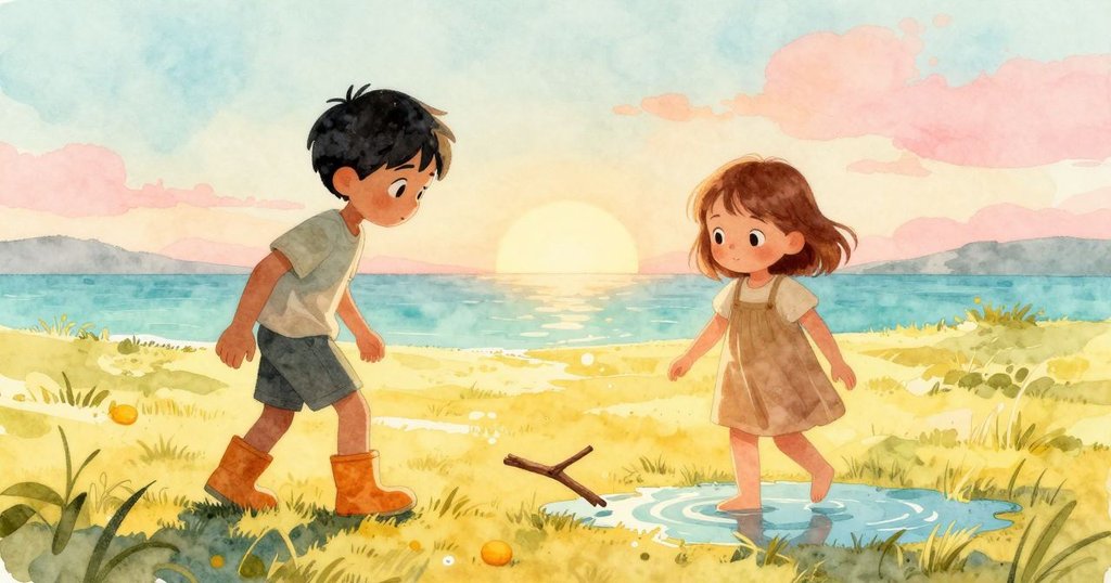 Wade放下小棍，與女孩緩步離開水坑藝術，金色陽光下水面漸暗，展現淡然細膩的結尾情境