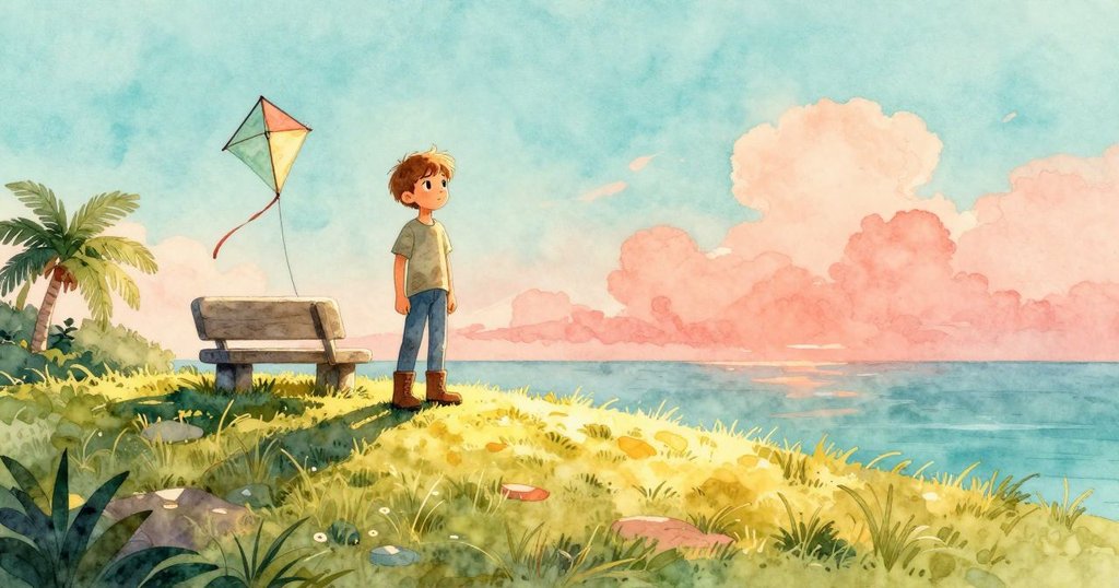 萊爾在陽光普照的山坡上,站在石椅旁認真檢查風箏和捲線器,背景展現廣闊自然景觀,充滿溫暖氛圍。