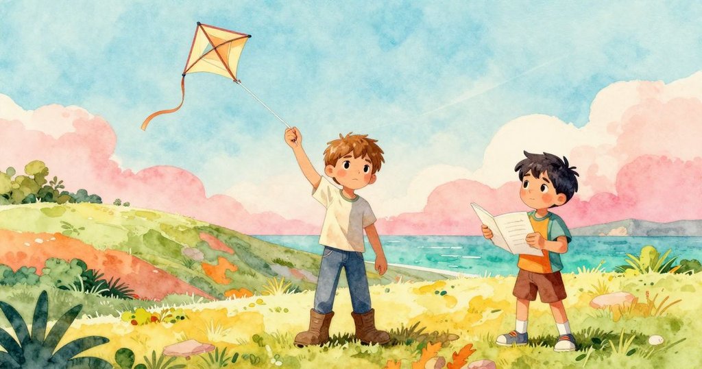 從萊爾視角看去,風箏高懸於蔚藍天空,菱形圖案鮮明,他專注拉動風箏線,充滿挑戰與希望。