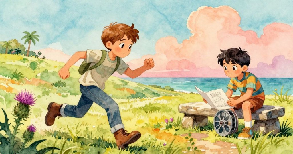 萊爾急奔向纏繞刺草的風箏線,裘德拿著畫冊穩住捲線器,兩人協力面對挑戰,畫面充滿活力與創意。