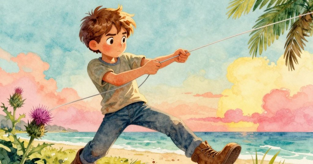 風箏線纏繞刺草,引起萊爾緊張拉扯,他專注表情與緊握手指猶如瞬間凝固般,充滿懸念。