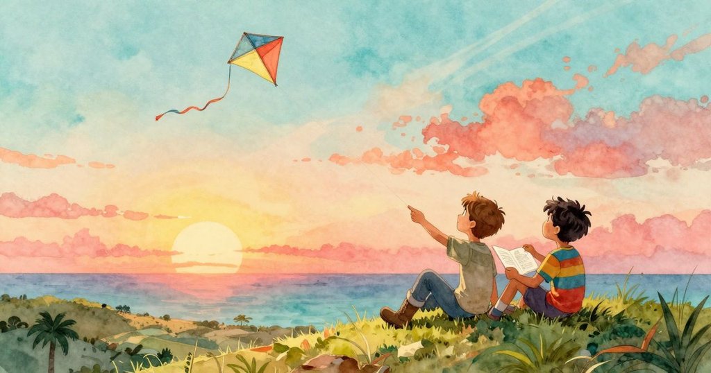 落日柔光映照山坡,萊爾與裘德坐在山頂放鬆凝望風箏高飛,廣闊景色展現寧靜與未來希望。