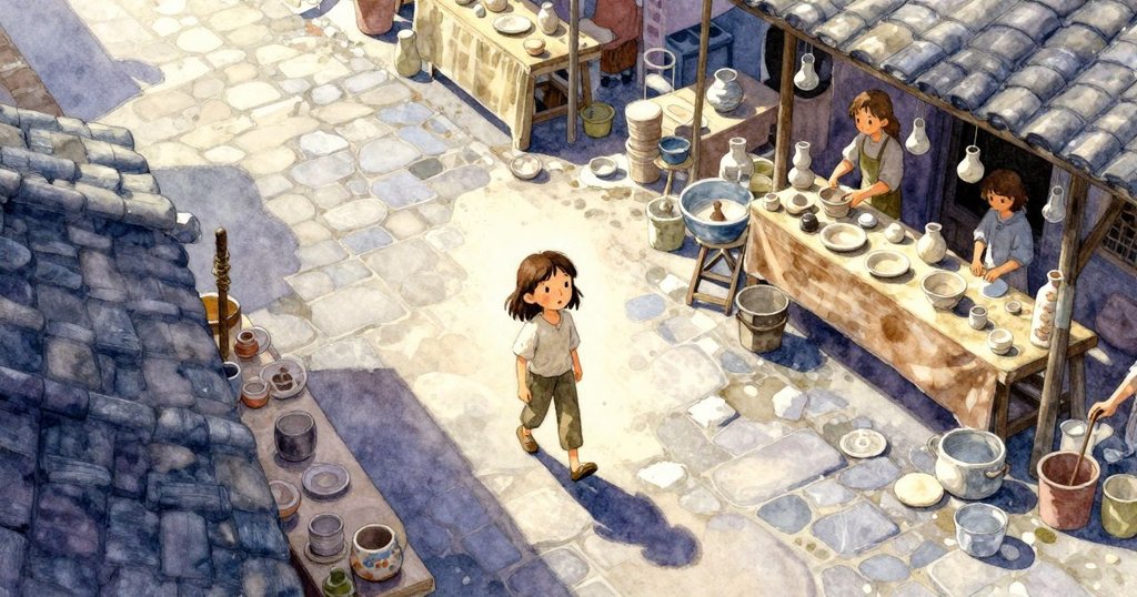 在市場中，Thea注視著擺放陶器的攤位，晨光灑落在海綠色碗上，背景靜謐而溫暖