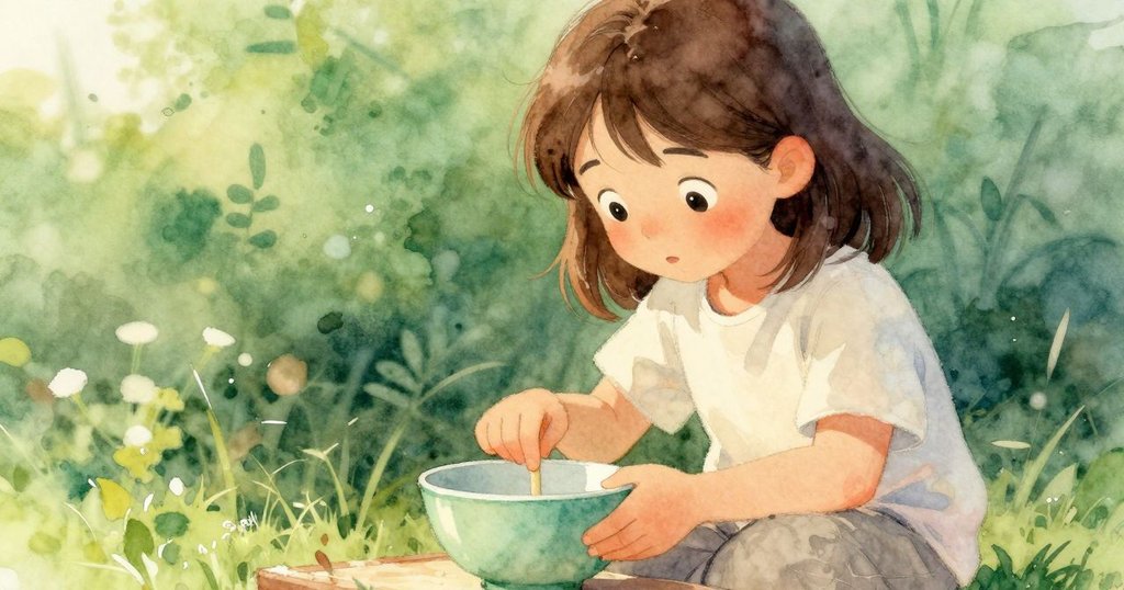 Thea輕觸海綠色碗，晨光照映下碗面微光閃爍，充滿希望與溫柔情感的瞬間