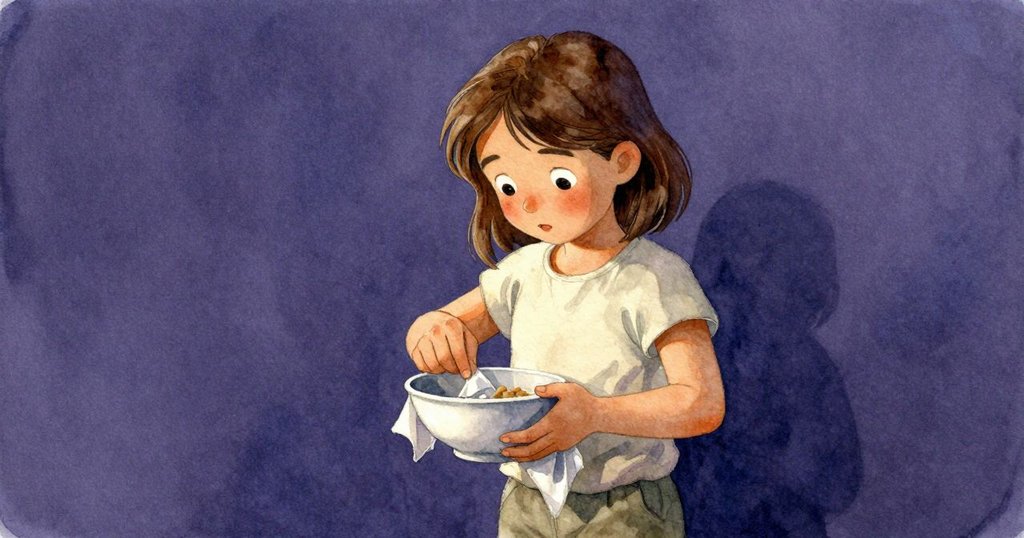 Thea認真地將窄條泡泡紙放入布袋中，柔和晨光穿透桌面細節，展示專注與溫暖情感