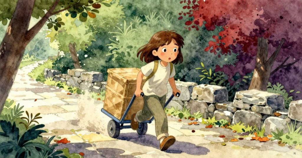 Thea注視市場變化，送貨車急速穿過石徑，陶匠忙於收攤，塵埃舞動中蘊含緊張氛圍