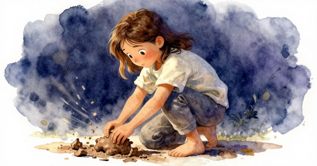 Thea蹲下仔細收集陶土碎屑，動作流暢如畫筆描繪，柔和晨光中呈現專注細膩情緒