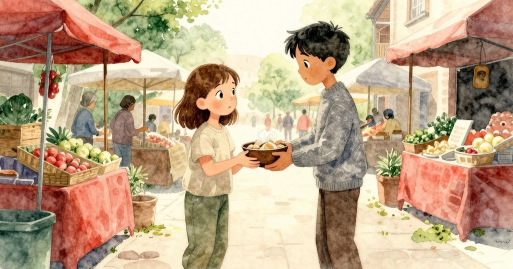 Thea與Moritz在陰影石凳旁合作，細心確認包裝，暖光下交換陶器，展現平靜與未來希望