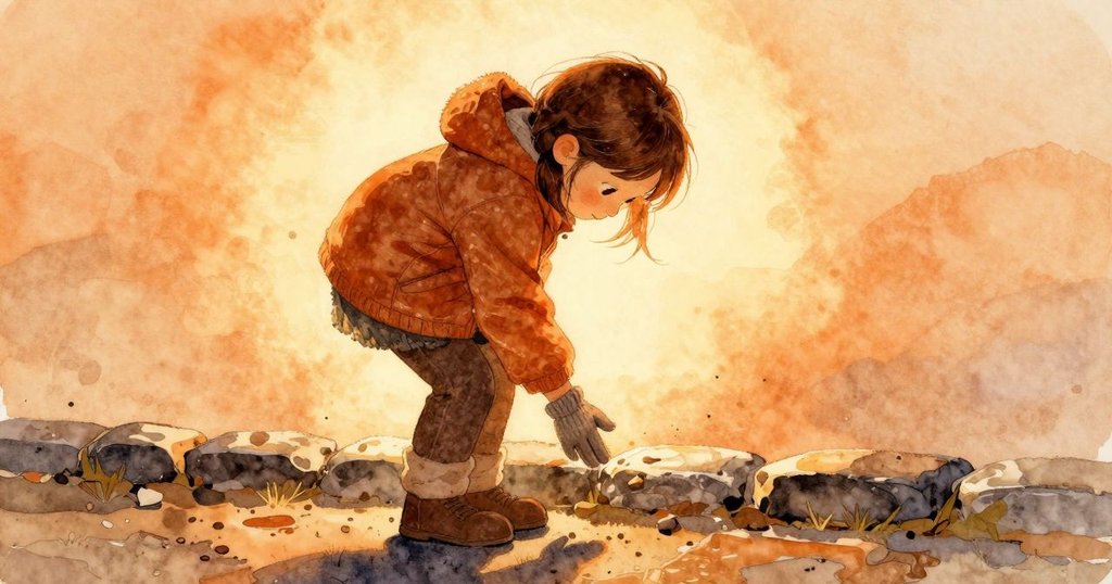 Flora在明亮背景下彎腰放銀幣,面對冰冷石緣,展現專注與期待的神情