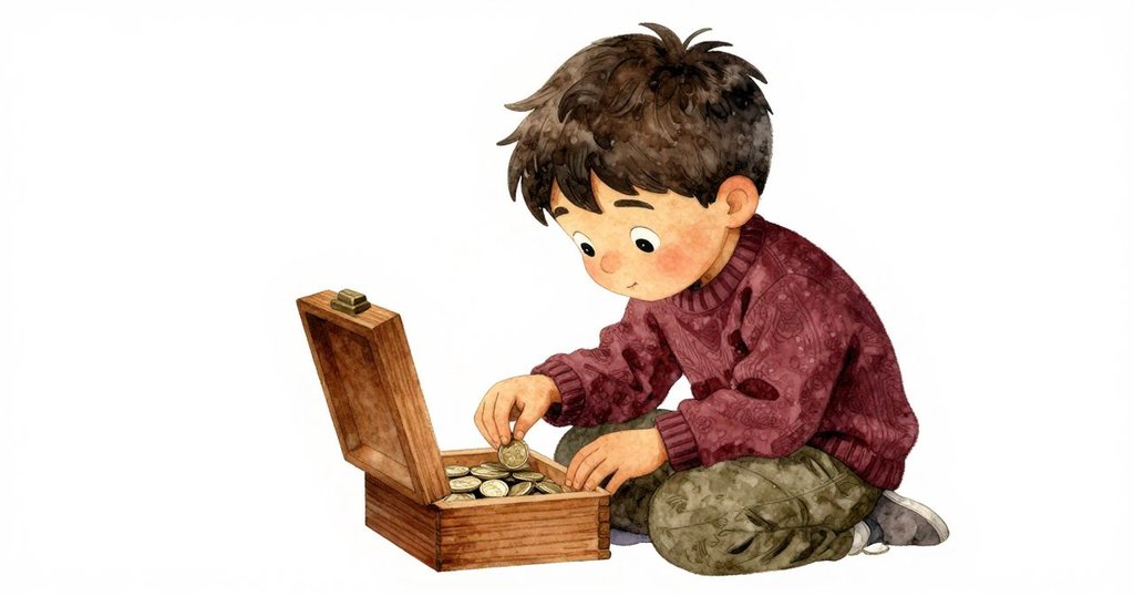 Orson打開木盒仔細檢視銀幣紋路,神情專注與期待,場景背景溫暖柔和