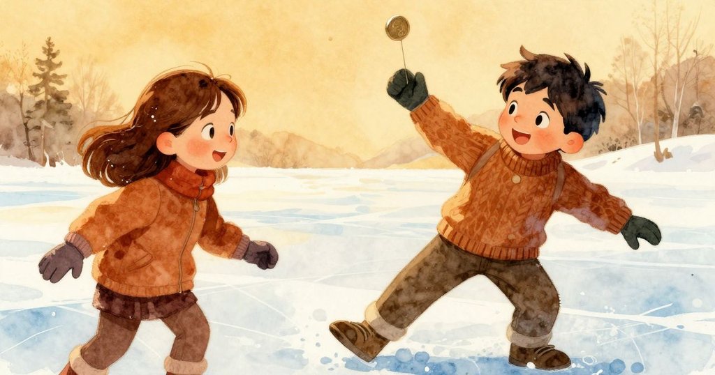 Orson輕彈銀幣飛過冰面,Flora目光充滿期待,動態傾斜角度展現活力與動作