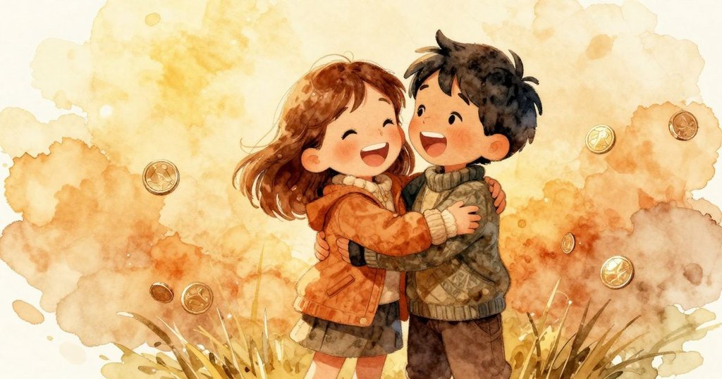 銀幣落定時Flora與Orson歡欣擁抱,臉上流露笑意,溫暖光線映襯下散發成功快樂