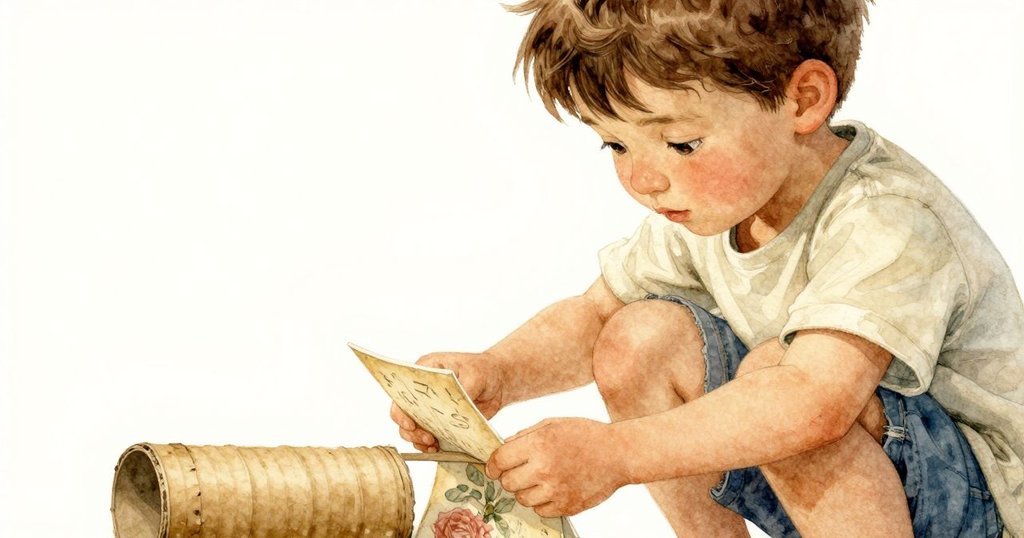 Archie 正在細心折疊明信片，將其夾在紙板管旁固定位移的亮面平裝書，手部細節突出