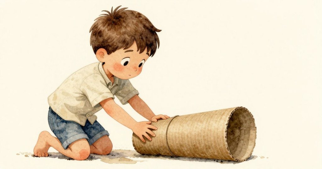 Archie 靠近紙板管仔細聽取節奏，追蹤撞擊聲並發現卡住的玻璃球，臉上表現出靜謐驚奇