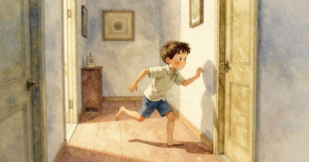 Archie 因廚房傳來金屬聲迅速離開實驗區，走動時步伐加快，走廊中燈光與陰影微妙變化