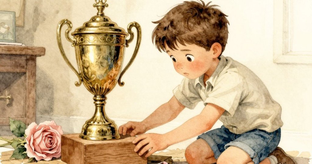 Archie 回到實驗區發現紙板傾斜，用堅定動作調整木製支撐塊及塑膠獎杯，臉上流露出專注決心