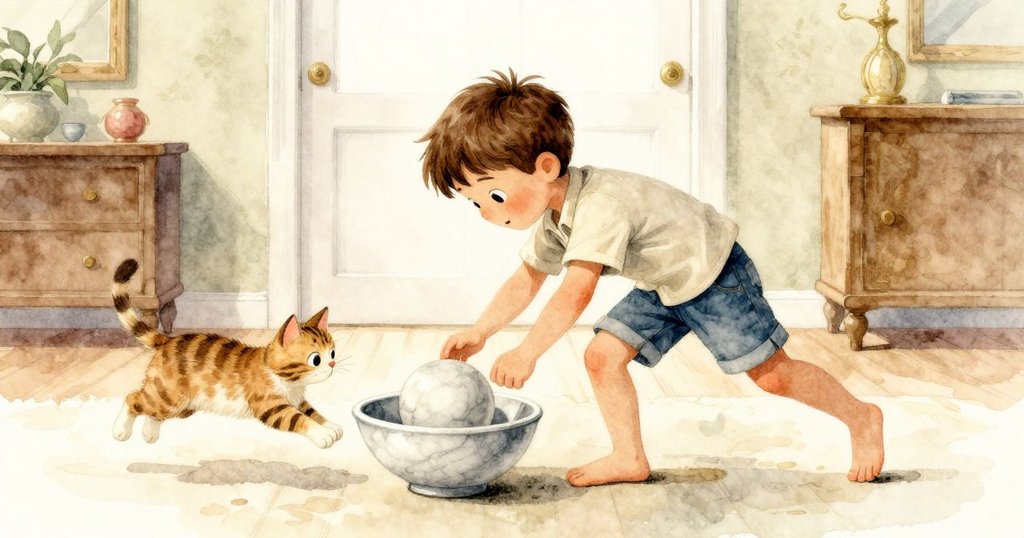 調整後的實驗成功，玻璃球滾入碗中，沙發旁貓兒追逐回響球體，房內充滿喜悅氛圍