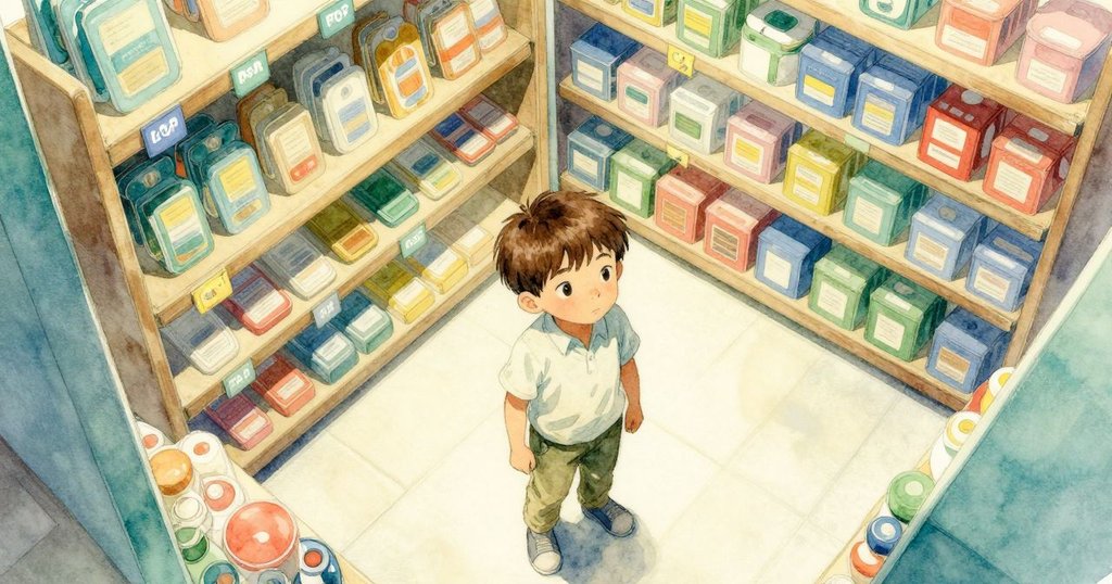 弗雷澤在商店內部上方視角中移動，觀察木板上藍黃條紋中斷的綠色價錢標籤，鸚鵡籠中傳來清脆叫聲，充滿好奇