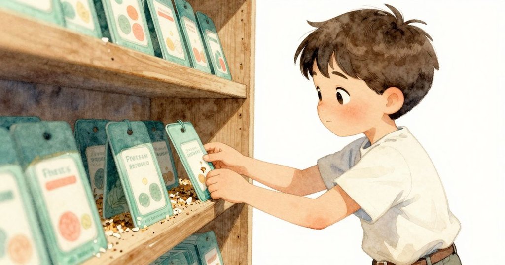 弗雷澤輕撫綠色塑膠標籤，仔細觀察桌板質感，手指觸碰到粉碎乾飼料，動作溫柔卻專注