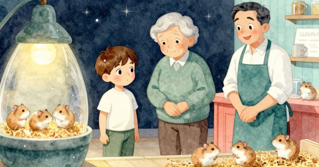 弗雷澤以第一人稱視角注視小動物區，低溫燈下啞光黃米床墊中倉鼠穿梭，輕放破碎鬱金香花瓣，情感細膩