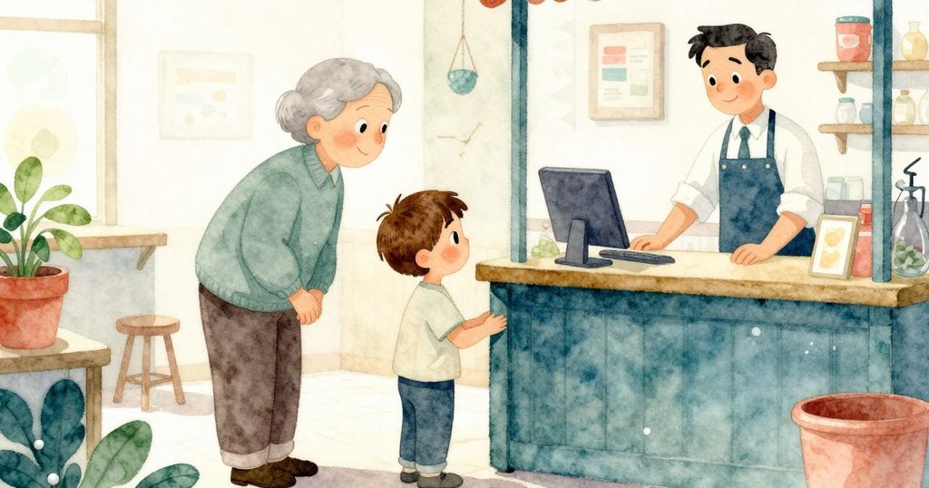 弗雷澤在轉換光影下穿行商店，背景中祖父與店主交談，門市充滿溫馨流動感，展示時間轉變