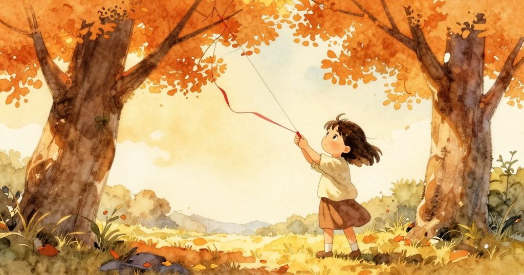 Hana在樹拱門下綁紅絲帶,動作專注,背景樹影斑駁,展現希望與決心