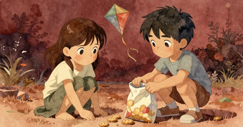 Owen蹲在草地上檢查打開的零食袋,遠處可見Hana準備風箏,整體氛圍溫暖和諧