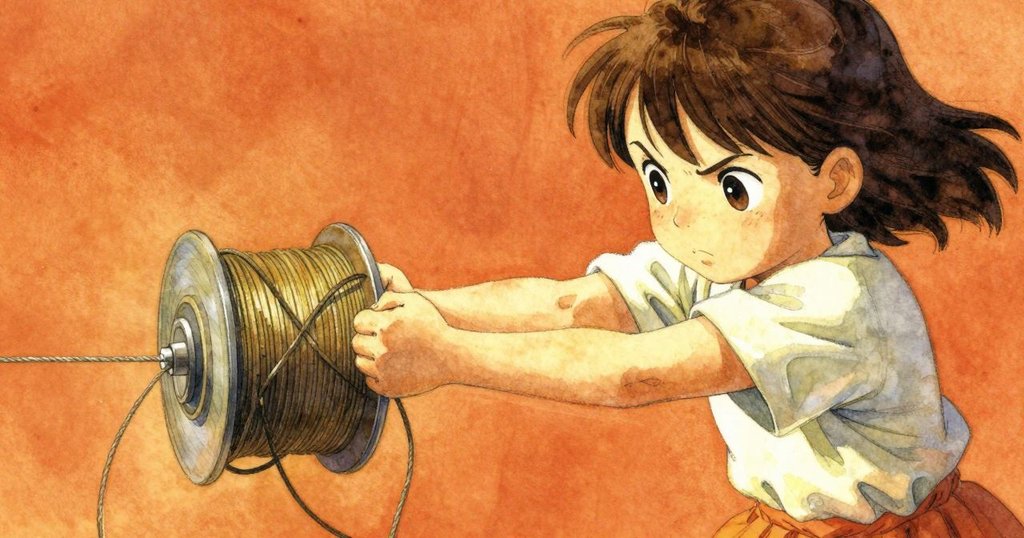 從肩後視角看,Hana努力拉線軸,手部細節清晰,表情堅定,顯示出解決困難的決心