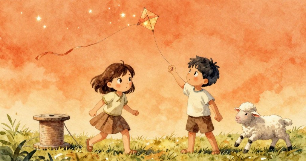 風箏高飛,尾帶隨風飄動;底部滾動的軸盤近在Owen的畫紙旁,牧羊牛驚慌奔逃,展現雙重場景