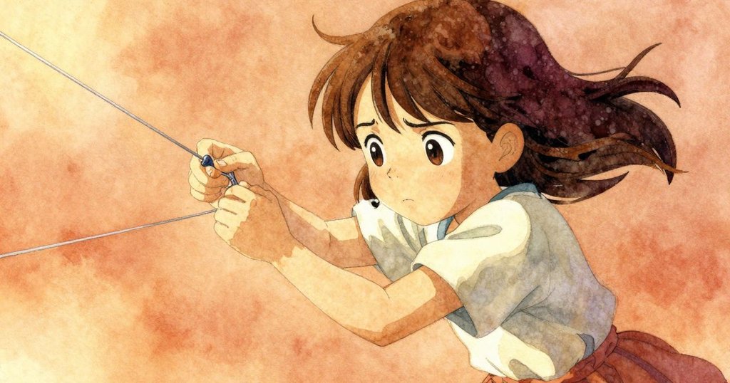 Hana面容露出擔憂與堅定,特寫她檢查風箏線緊張狀態,陽光柔和映照其表情,場景充滿思索