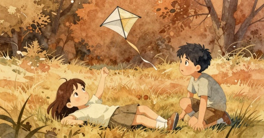 Hana放鬆倚著草地,靜靜注視著風箏升空,Owen在旁陪伴,整個場景充滿平和與希望