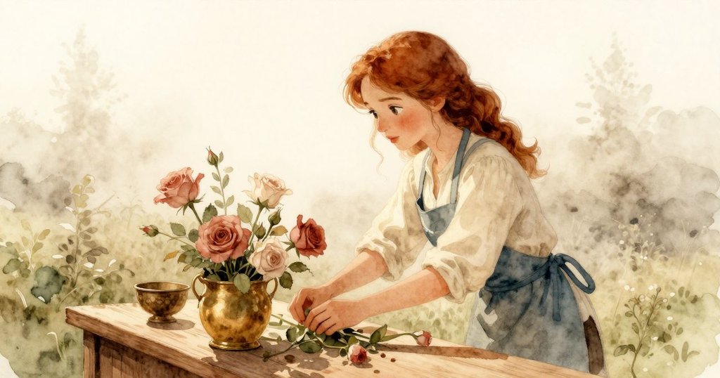 晨霧中,Zinnia在鮮花工作台前忙碌,絲帶輕輕旋轉,空間溫馨明亮,故事開篇展現活力。