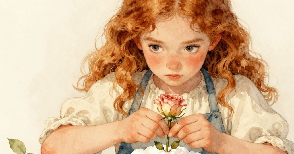 Zinnia專注眼神特寫,正小心將濕潤花莖壓入泡沫中,雙手動作細膩,傳遞決心與溫柔。