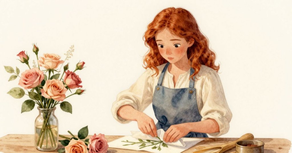 Zinnia在工作台前細心覆蓋花束新紙層,背景柔和光線中展現專注與細膩,故事進入平靜調整。