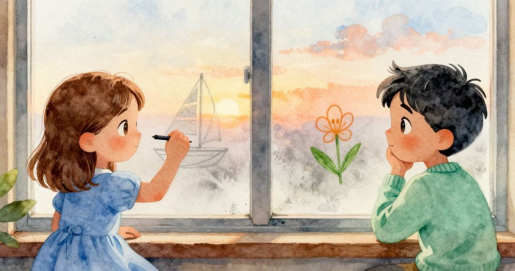 莉莉和灰色同時在起霧玻璃上作畫,分割畫面中展示帆船與花朵,表情專注且動作協調,故事逐步展開