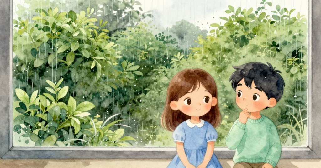 透過雨滴模糊窗戶,室外翠綠樹籬在雨中閃爍,室內與室外景色交融,彰顯自然美感