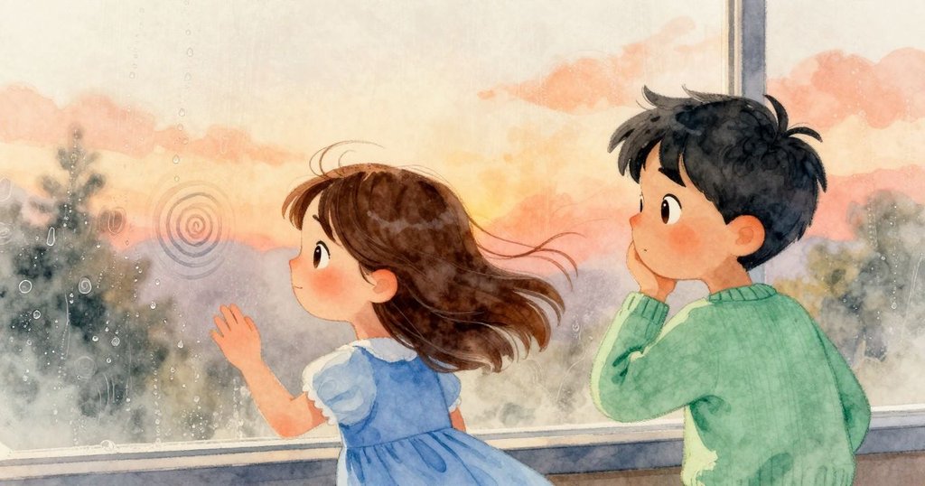 強風掠過窗戶,水珠迅速流動使帆船和花朵模糊變形,展現瞬間動態與創作轉變,情節暫現緊張