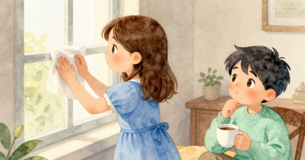 莉莉拿著布輕輕擦拭窗戶,灰色端著茶杯站在一旁,兩人默契協作在暖光室內,帶來平靜與希望的結局