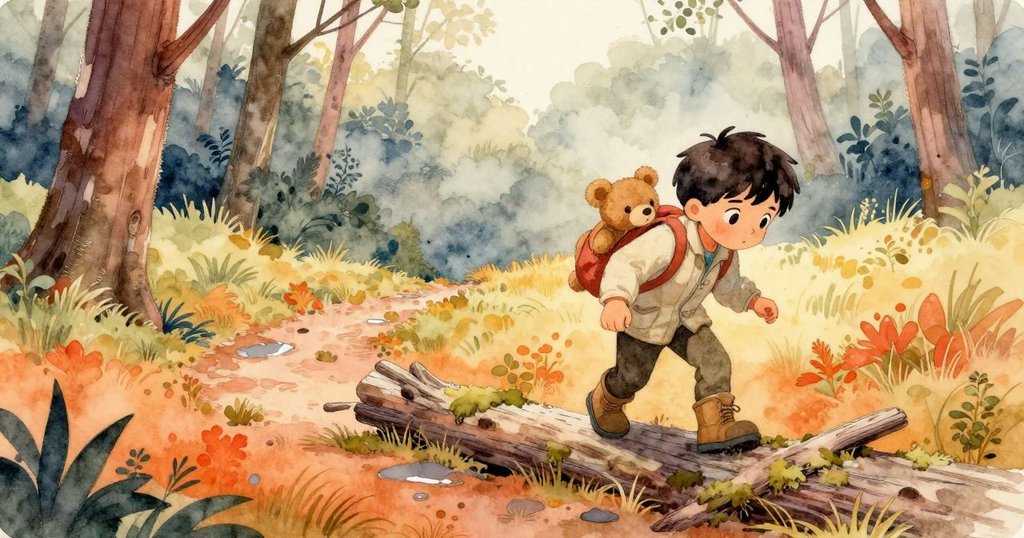 Atlas 在森林小徑上踏入青苔覆蓋的木頭,身旁有銀色刺蝟,環境中充滿濕潤松針與斑駁光影,展現探險開始的期待