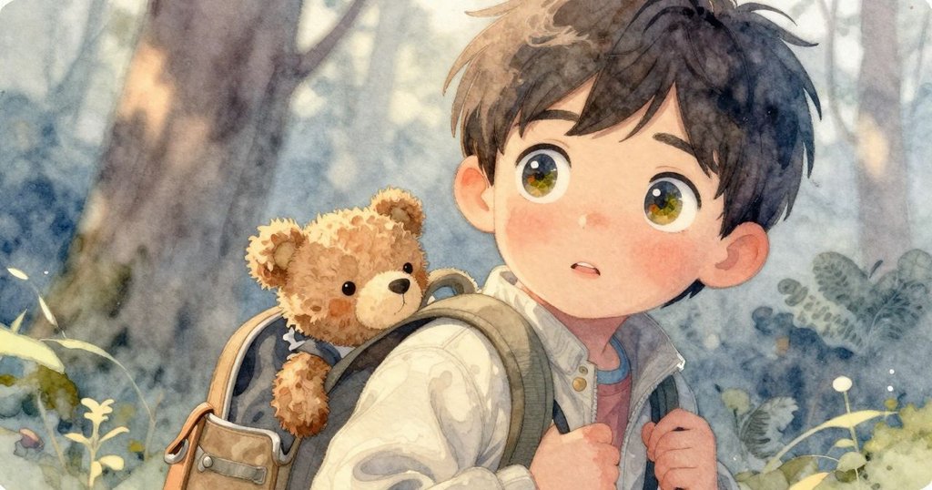 Atlas 近距離注視著濕潤青苔與樹皮紋理,眼中流露出好奇與細膩觀察的情緒,背景則是朦朧森林景致