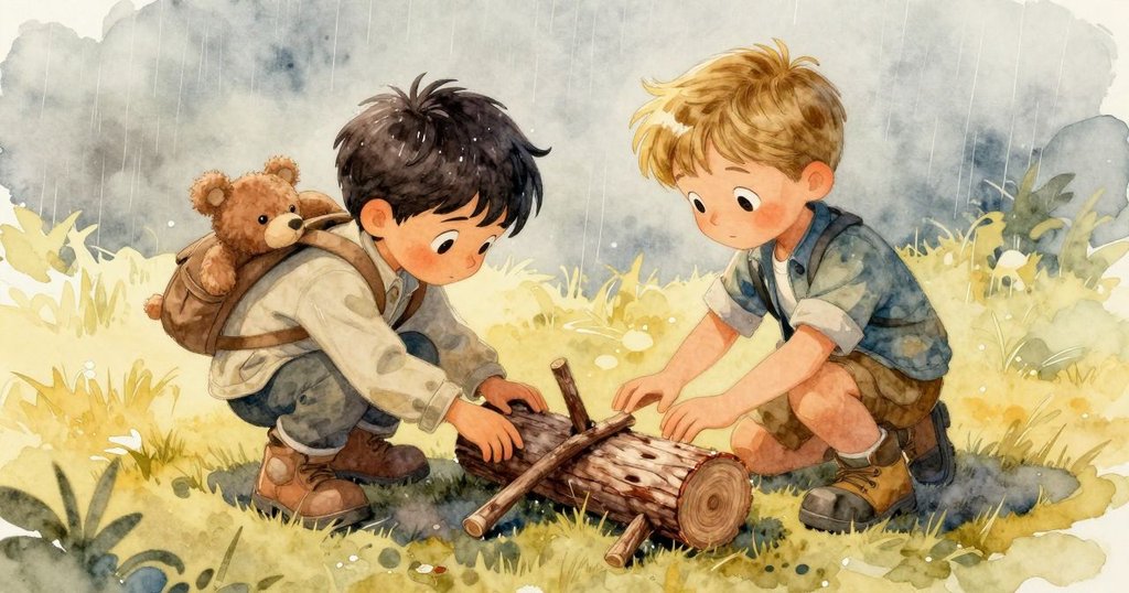 從高角度看見 Atlas 與 Miles 共同努力,Atlas 推動石頭拓展階梯,Miles 膝彎拾起落在水坑中的樹枝,展現合作精神