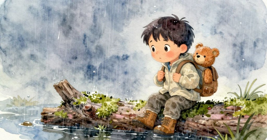 Atlas 坐在濕潤青苔覆蓋的原木上,雨水使周圍景象閃爍,手中緊握布偶,展現出細膩與堅定的情感變化