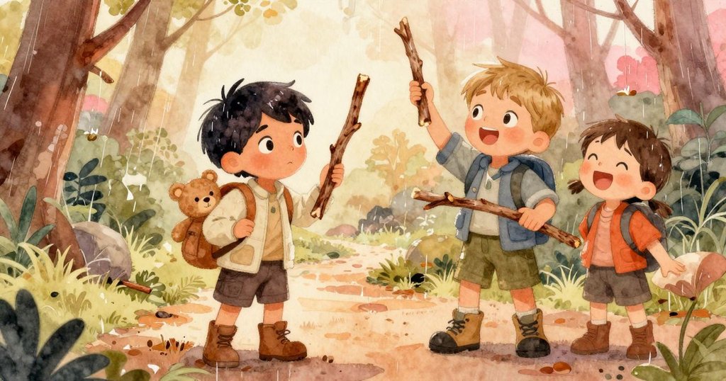 Atlas 與 Miles 在森林空地上快樂地慶祝,共同完成收集樹枝的小任務,雨中溫柔光線襯托出團隊合作的喜悅