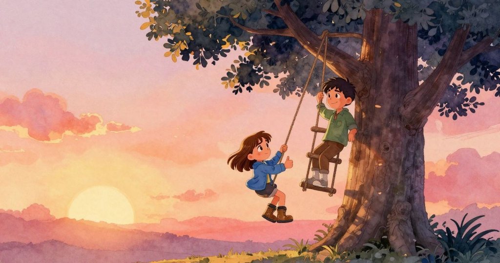 Zara在老樹上踩著梯子, 亞特拉斯在草地上整理繩子, 充滿早晨溫暖陽光, 場景寬闊