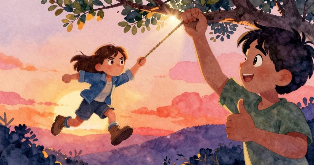 從Zara視角看, 雙手操作著繩子穿過樹枝, 落葉隨風搖曳, 陽光閃爍, 呈現專注動作