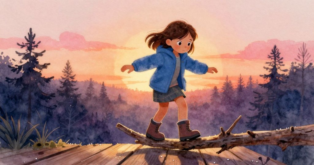 Zara在樹枝上小心保持平衡, 露珠閃爍於木板上, 微風拂過, 背景有鳥與松鼠, 呈現自然早晨景色